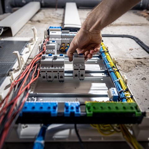 Voltage switchboard with circuit breakers are in the ON and OF positions in the big electric box for electrical distribution panel, and temporary electric cables are switched.