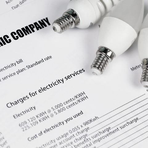 Abstract American electricity bill. Concept of saving money by using energy savings led light bulbs and electric bill payment invoice