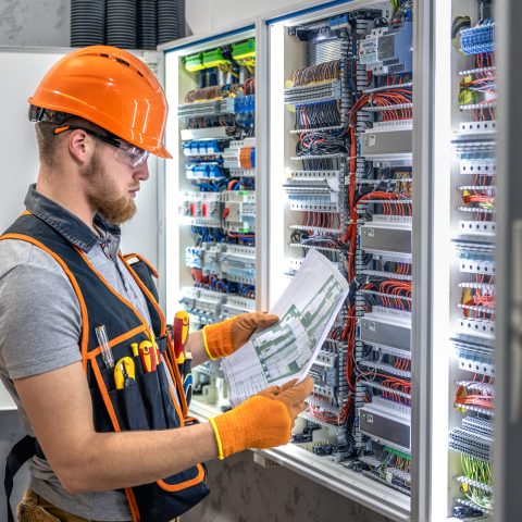 Male electrician working in electrical panel. Male electrician in uniform. High quality photo. Male construction worker in helmet and safety glasses.